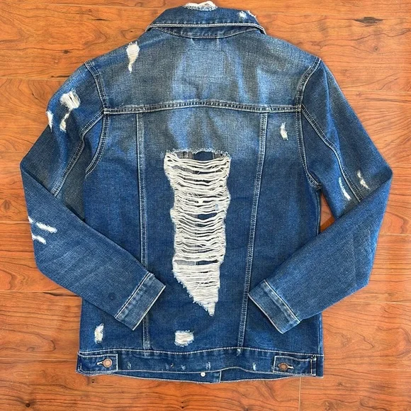 BBJ Total Destruction Oversized Denim Dark Wash Distressed Jean Jacket - Picture 8 of 9